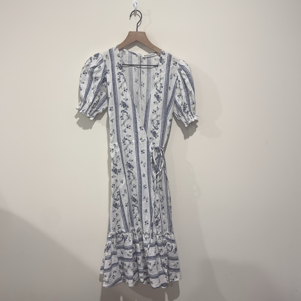 • Reformation • Midi Veronika Dress Roquefort Floral Print White & Blue XS - Picture 3 of 5